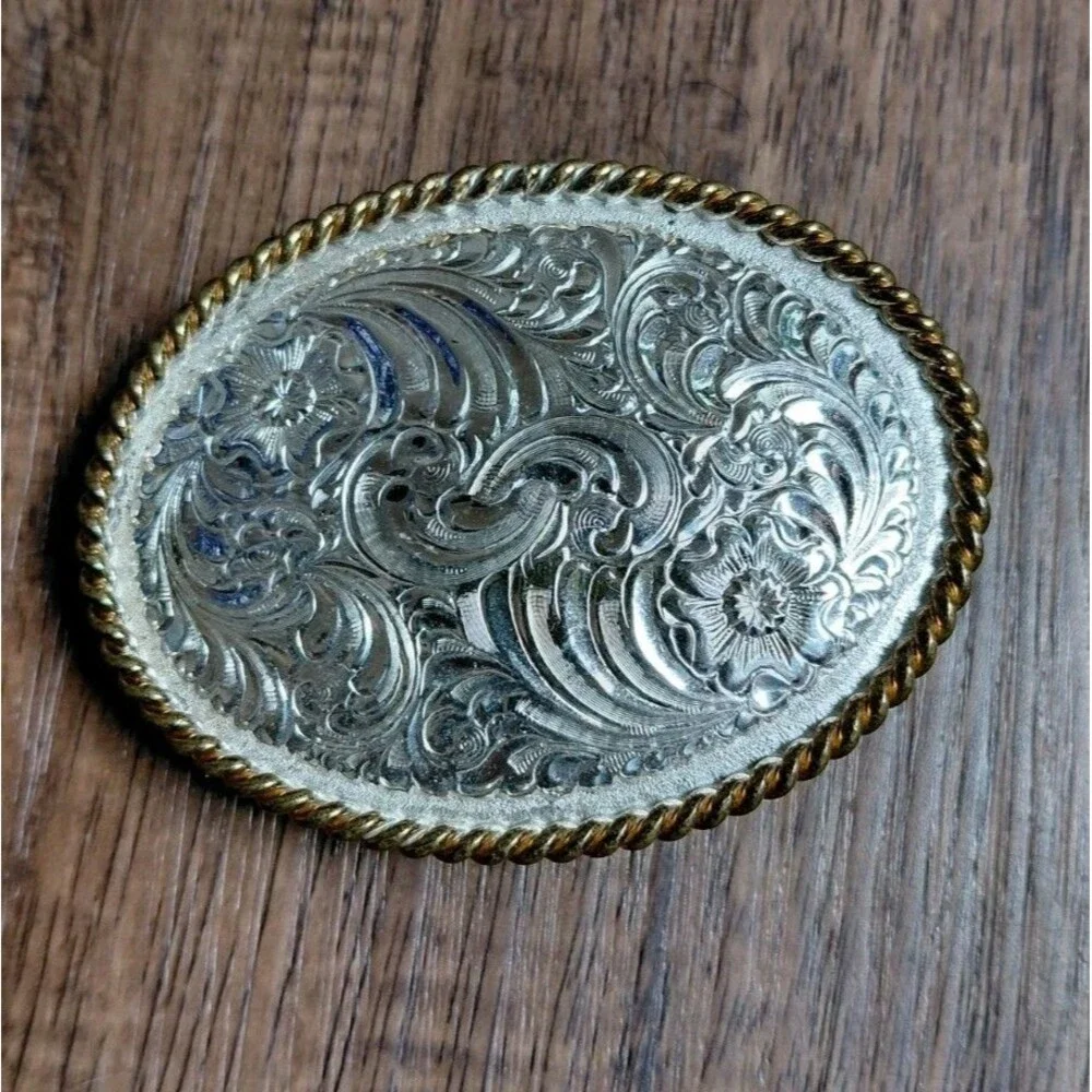 Crumrine Heavy Silver Plate On Jewelers Bronze Western Belt Buckle Vintage
